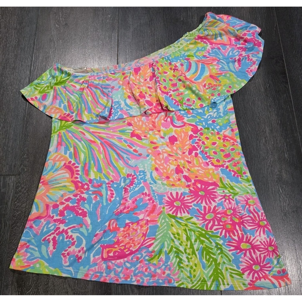 Lilly‎ Pulitzer Neveah One Shoulder Top S Multicolor Coral Floral Resort Beach